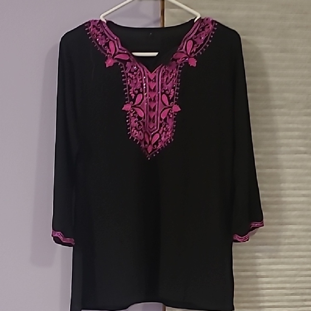 Black and Pink Embroidered Women's Top